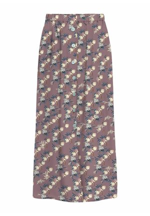 Jupe longue mauve avec un motif floral blanc et bleu sur tout le tissu, fermeture à boutons à l'avant et taille élastique froncée.