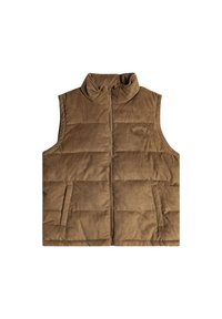 Brun kordfløyels puffer vest med høy krage, front glidelås og to sidelommer. Vertikal quiltet design og liten logodetalj på brystet.
