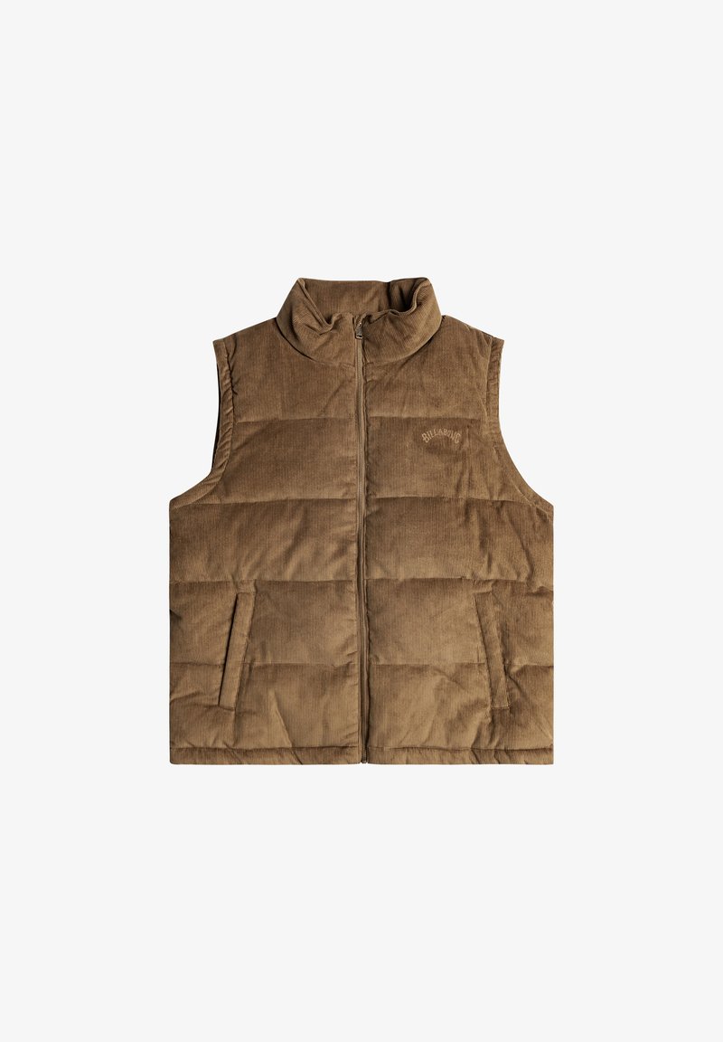 Hnedý kordurový puff vest s vysokým golierom, predným zipsom a dvoma bočnými vreckami. Vertikálny prešívaný dizajn a malá logo detail na hrudi.