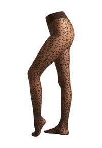 Průhledné punčochy s leopardím vzorem, s hnědým páskem a černými skvrnami na béžovém pozadí. Hladký povrch.