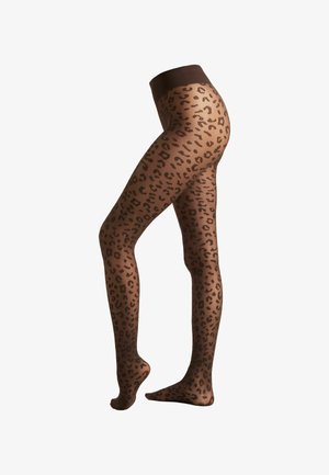 Průhledné punčochy s leopardím vzorem, s hnědým páskem a černými skvrnami na béžovém pozadí. Hladký povrch.