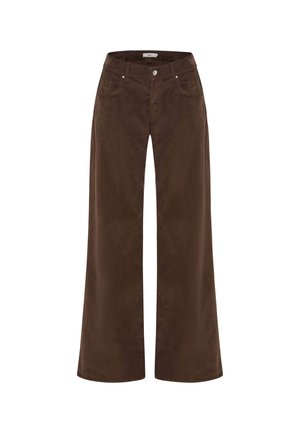 Pantalon large marron en tissu doux, avec passants de ceinture, poches avant et fermeture boutonnée à la taille. Texture lisse.