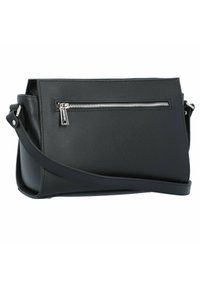 Borsa a tracolla nera in pelle texturizzata. Presenta una tasca frontale con zip e una tracolla regolabile. Linee pulite e forma rettangolare.