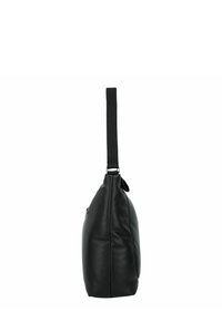 Sac en cuir noir avec une texture douce, de forme rectangulaire et une seule sangle en toile. Présente une poche zippée sur le côté.