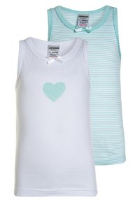 Two tank tops: one white with a teal heart and bow detail, the other light blue striped with matching trim. Cotton blend fabric.