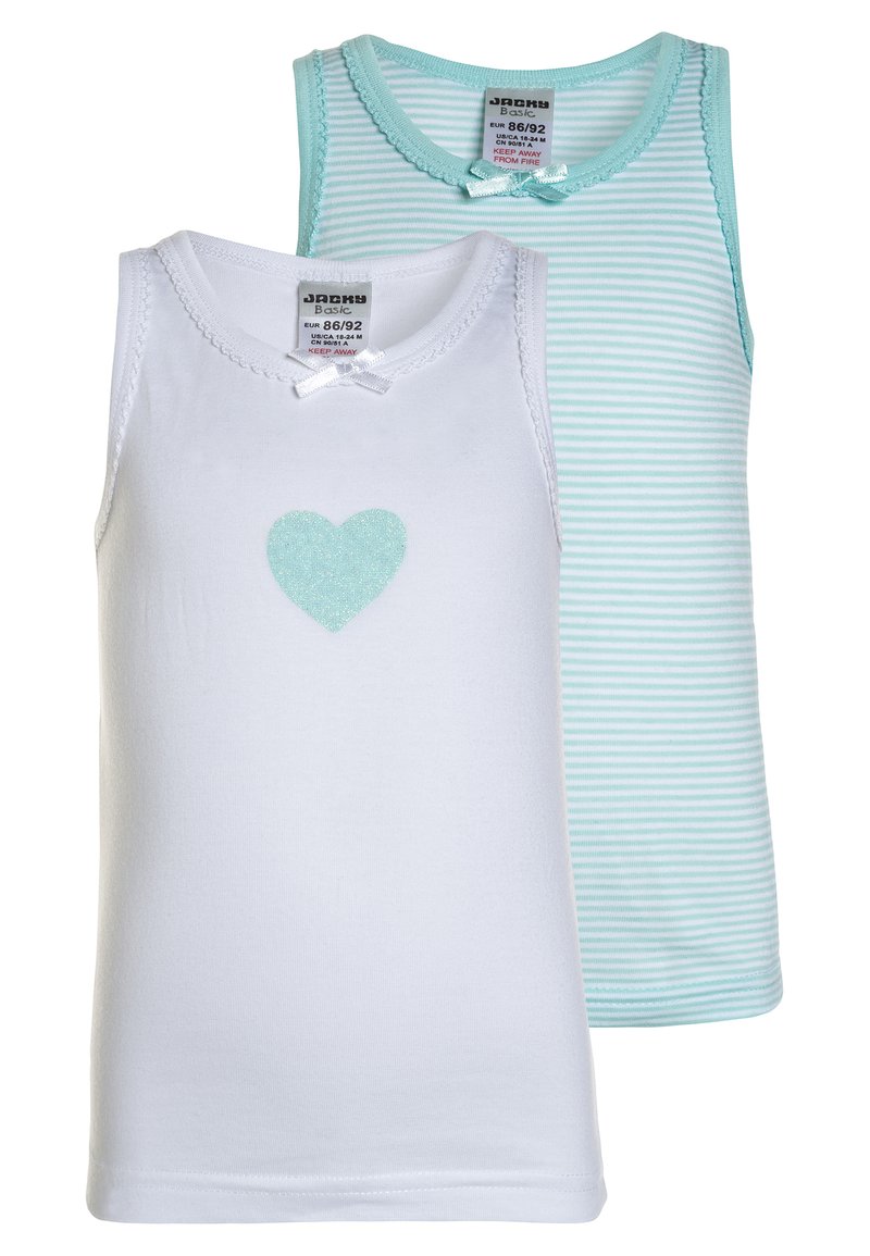 Two tank tops: one white with a teal heart and bow detail, the other light blue striped with matching trim. Cotton blend fabric.