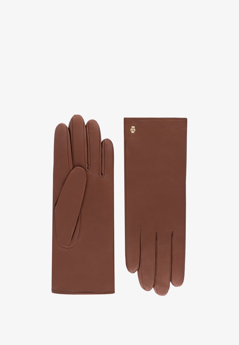 Braune Lederhandschuhe mit glatter Textur, fünf Fingern, maßgeschneiderter Passform und einem goldenen Logo-Akzent im Handgelenkbereich.