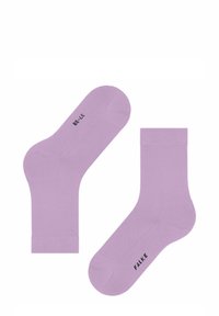 Chaussettes en coton violet avec une texture lisse, des poignets côtelés et une marque imprimée. Caractères des orteils arrondis et un ajustement confortable. Paire présentée.