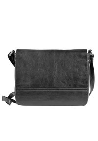 Borsa a tracolla nera in pelle con una texture liscia, design piatto, tracolla regolabile e dettagli di cucitura minimalista alla base.