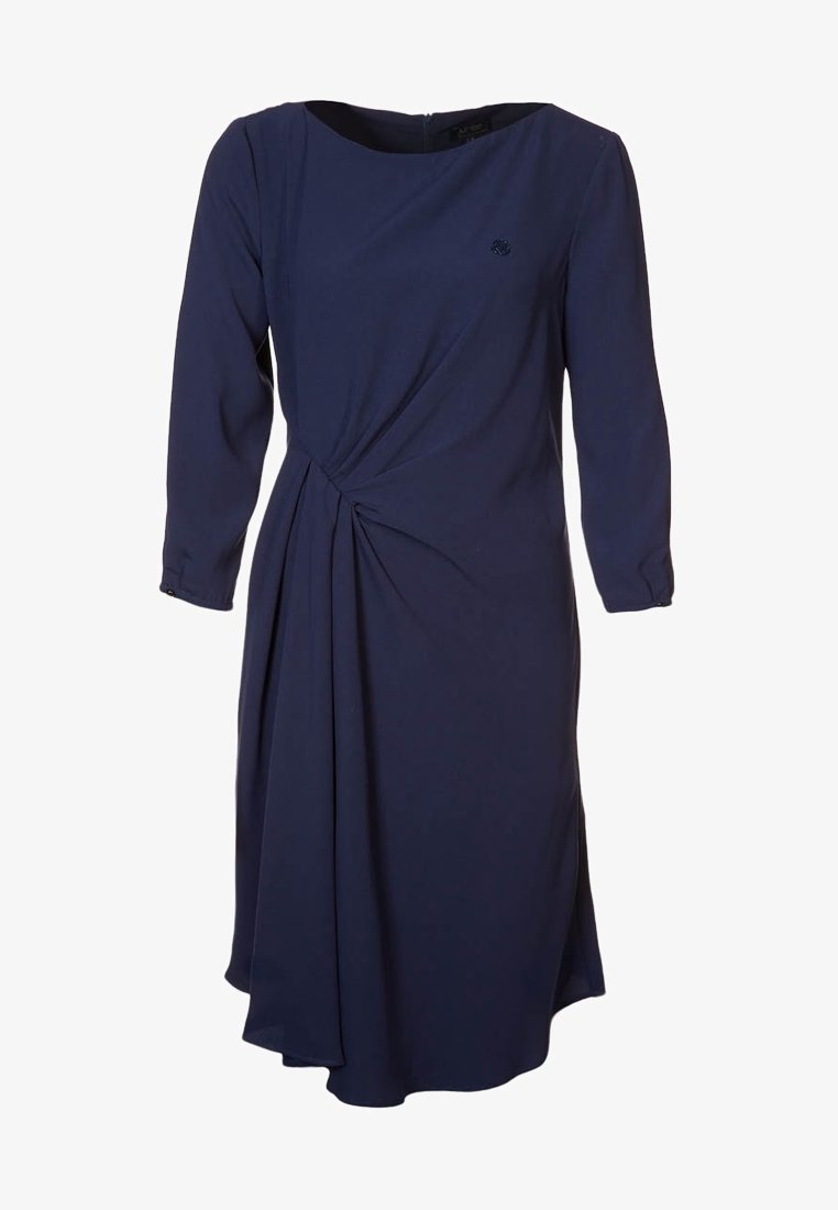 Robe bleu marine mi-longue avec manches longues, encolure ronde et détail de nœud froncé à la taille.
