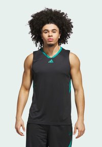Top sportivo nero con accenti turchesi; presenta un design a scollo a V e tre strisce su entrambi i lati. Texture liscia, stile senza maniche.
