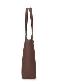 Brown leather tote bag with a textured surface, a trapezoidal shape, and dual shoulder straps. Open top design with no visible hardware.