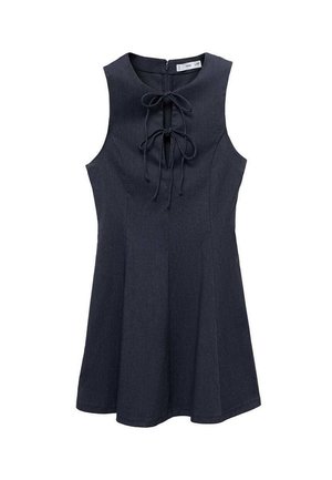 Navy denim sleeveless dress with a fitted bodice and flared skirt. Features a lace-up front and a back zipper. Smooth texture.