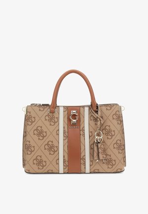 Beige and brown Guess handbag with logo pattern, dual top handles, vertical stripes, front metal logo, and two hanging leather tags with rings.
