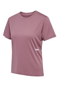 Koszulka sportowa z krótkim rękawem i okrągłym dekoltem w jasnym mauve, wykonana z materiału odprowadzającego wilgoć, z małym białym logo z przodu.