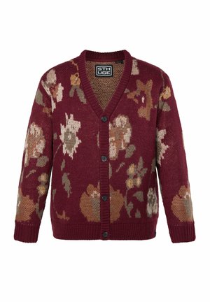 Cárdigan burdeos con un patrón floral en beige, marrón y verde. Presenta un escote en V, cierre de botones y tejido de punto texturizado.