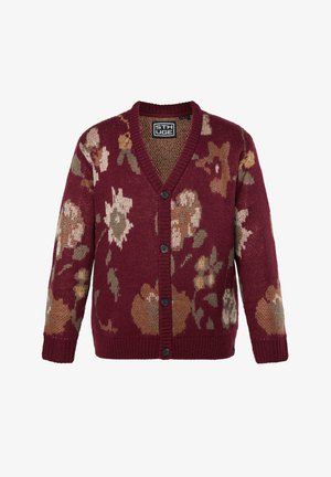 Bordeauxfarbener Cardigan mit floralem Muster in Beige, Braun und Grün. Verfügt über einen V-Ausschnitt, eine Knopfverschluss und strukturierte Strickware.