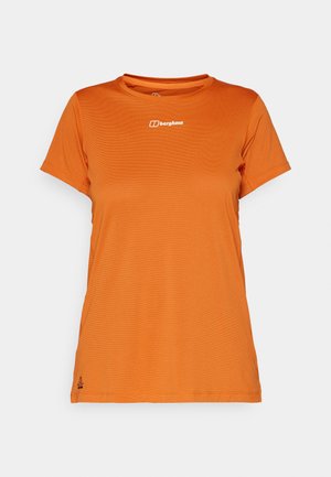 Kurze Ärmel, orange T-Shirt aus strukturiertem Material, mit einem kleinen weißen Logo auf der Brust und einem geraden Saum.