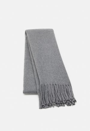 Gray wool scarf with a soft texture, featuring fringed edges and a simple design. Folded neatly, showcasing its elongated shape.