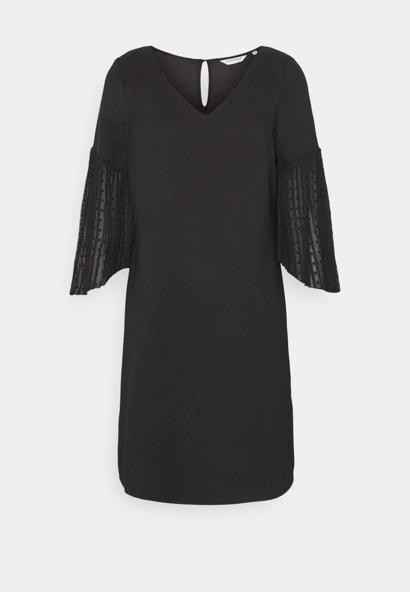 Robe noire longueur genoux avec encolure en V, fermeture au dos par bouton avec ouverture en forme de goutte, et manches cloche transparentes ornées de motifs de rayures verticales et de points.