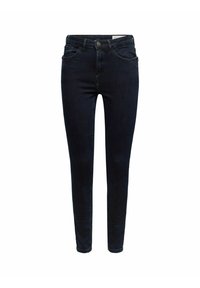Mörkblå högmidjade skinny jeans med knapp- och dragkedjestängning, fram- och bakfickor, visade på en vit bakgrund.