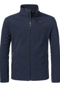 Navy-Fleece-Jacke mit hohem Kragen, Frontreißverschluss und zwei Seitentaschen. Mit strukturierter Oberfläche und dezentem Logoakzent auf der Brust.