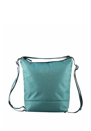 Borsa a tracolla turchese realizzata in tessuto texturizzato, con forma rettangolare e spallacci regolabili. Presenta un piccolo logo sul davanti.