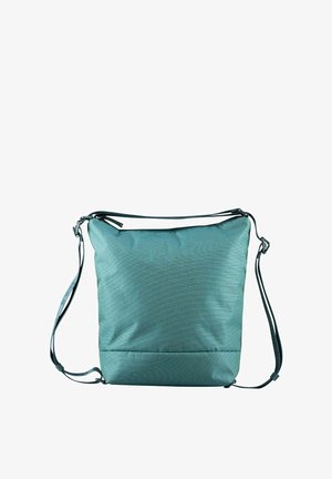 Bolso bandolera en tono verde azulado, hecho de tela texturizada, con forma rectangular y correas de hombro ajustables. Presenta un pequeño logo en la parte frontal.