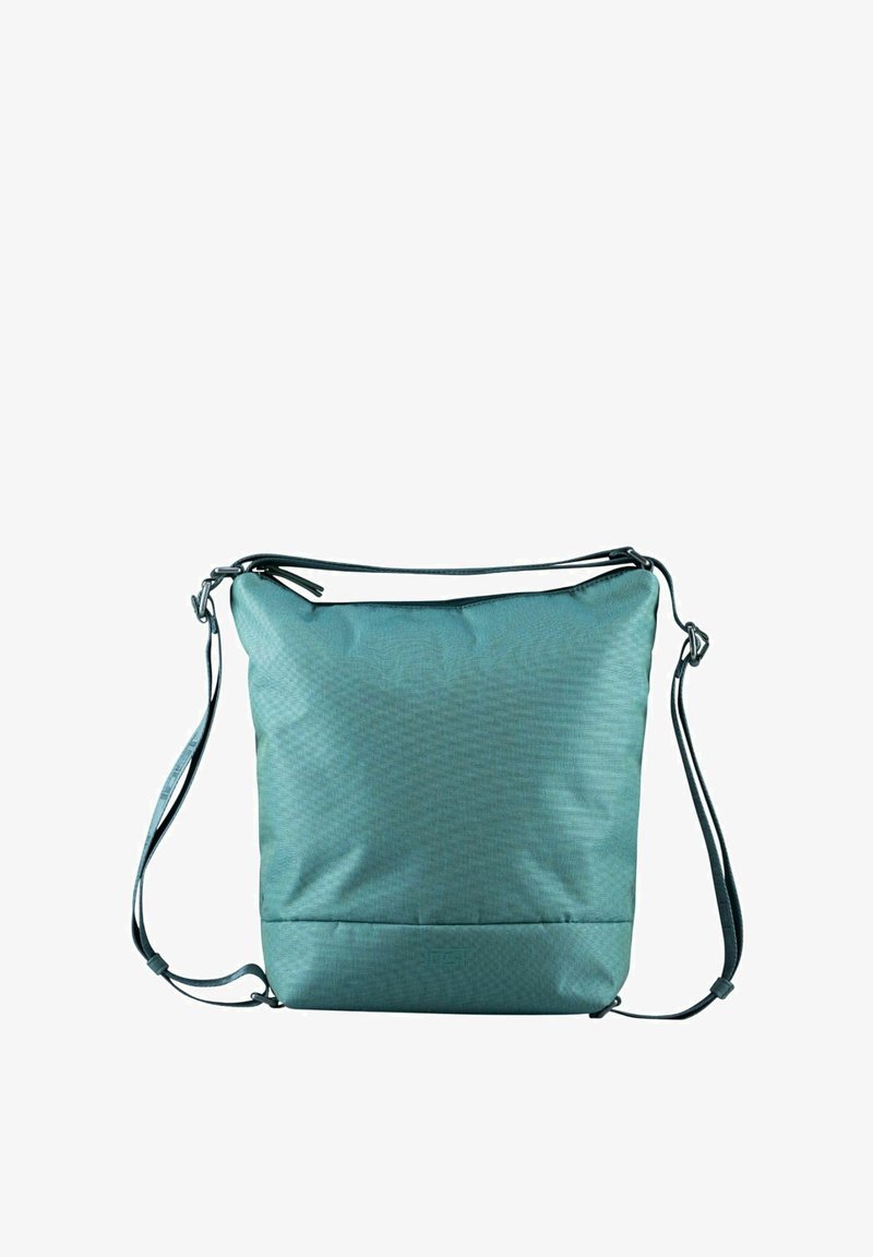 Bolso bandolera en tono verde azulado, hecho de tela texturizada, con forma rectangular y correas de hombro ajustables. Presenta un pequeño logo en la parte frontal.