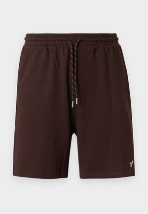Brune knelange shorts med elastisk linning, svart og hvit snor og liten lyseblå fuglelogo på nedre høyre ben.