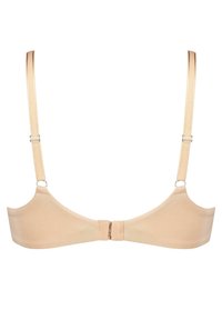Reggiseno wireless nudo con spalline in satin regolabili, coppe lisce e chiusura con ganci sul retro. Design minimalista e texture senza cuciture.