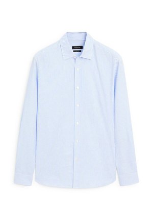 Blue and white striped long-sleeve shirt, button-up design, collar, with a smooth texture and standard cuffs. Features five buttons down the front.