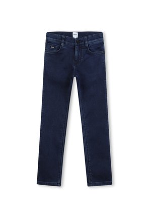 Jean slim bleu foncé avec poches avant, passants de ceinture, fermeture à bouton et étiquettes de marque BOSS visibles sur la taille et la poche à monnaie.