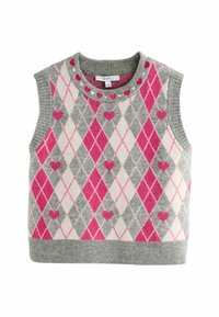Beżowy sweter bez rękawów z szaro-różowo-białym wzorem argyle i motywami serc, z prążkowanym dekoltem. Wykonany z miękkiego, strukturalnego materiału.