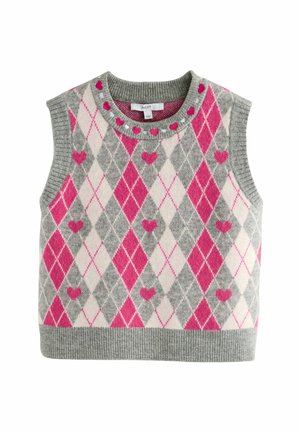 Ärmelloser Pullover mit einem grauen, rosa und weißen Karomuster und Herzmotiven sowie einem gerippten Kragen. Hergestellt aus weichem, strukturiertem Material.