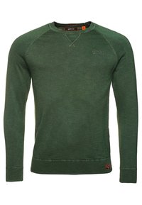 Grüner Langarmpullover mit gerippter Textur, Rundhals und gestickten Details. Besitzt ein kleines Logo auf der Brust und gerippte Bündchen.