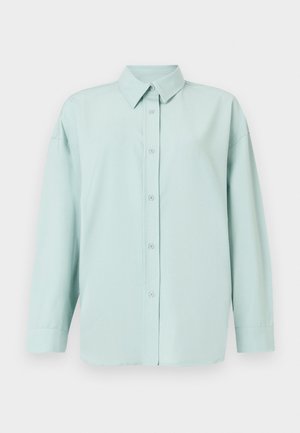 Camisa de botão verde menta clara com colarinho, mangas longas, corte reto e cinco botões na frente. Tecido de textura suave.