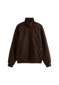 Bruine fleece jas met een hoge kraag, voorrits en ribgebreide manchetten. Heeft twee ritszakken aan de zijkant en een gladde textuur.