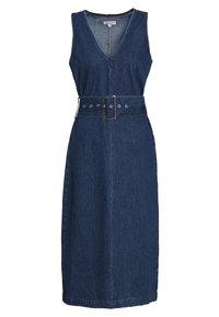 Jeansklänning med V-ringning, ärmlös design och midja med ett stort rektangulärt spänne. Mörkblå färg och mjuk textur.