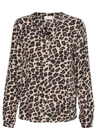 Blusa a maniche lunghe con stampa leopardata in beige e nero, con scollatura a V e pieghe leggere sulle spalle e nei polsi. Texture del tessuto morbida.