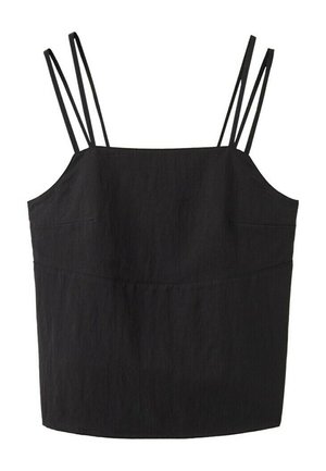 Top noir sans manches avec deux fines bretelles sur chaque épaule et un décolleté droit.