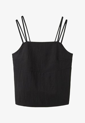 Czarny top bez rękawów z podwójnymi cienkimi ramiączkami na każdym ramieniu i prostym dekoltem.