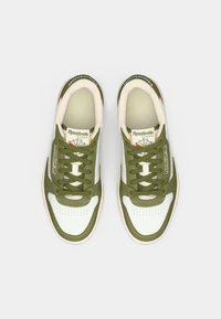 Zelené a bílé tenisky s hladkým koženým svrškem, šněrovacím designem a perforovanou špičkou. Obsahuje branding Reebok na jazyku a po stranách.