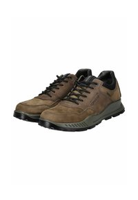 Scarpe da trekking in pelle marrone con accenti neri, punta rotonda, superficie testurizzata e chiusura con lacci. Presentano una suola in gomma con dettagli antiscivolo.