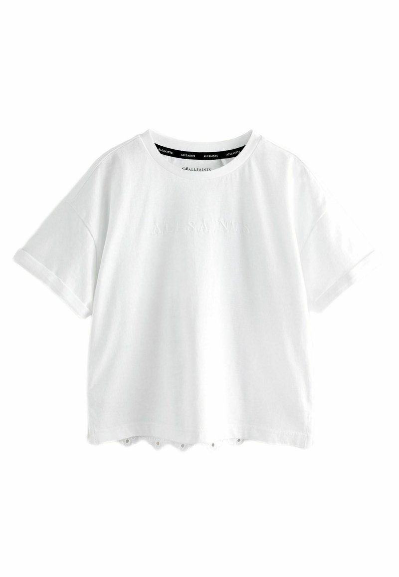 Vit bomull t-shirt med rund halsringning, korta ärmar och vågig nederkant. Har subtil prägling av text på framsidan.