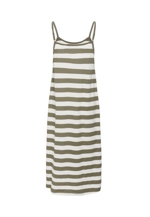 Gestreiftes Kleid mit dünnen Trägern; abwechselnd olivgrüne und weiße horizontale Streifen; leichtes Material; lockerer Schnitt.