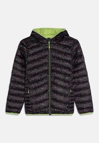 Czarna puchowa kurtka z kolorowymi wzorami przypominającymi liście. Regulowany kaptur, zielona podszewka, zamek błyskawiczny z przodu oraz elastyczne mankiety. Lekka i pikowana konstrukcja.