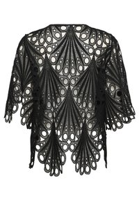 Giacca nera in pizzo con un intricato design a intagli, caratterizzata da motivi circolari e a goccia. Maniche corte e apertura frontale.