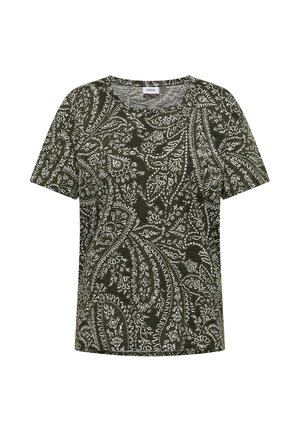 Camicia verde scuro a maniche corte con collo tondo, decorata con intricati motivi paisley e floreali bianchi su tutta la superficie.