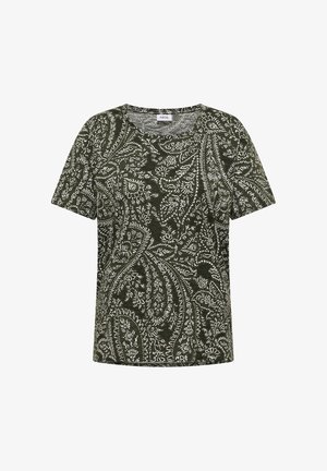 Ciemnozielona koszula z krótkim rękawem i okrągłym dekoltem, ozdobiona misternymi białymi wzorami paisley i kwiatowymi na całej powierzchni.